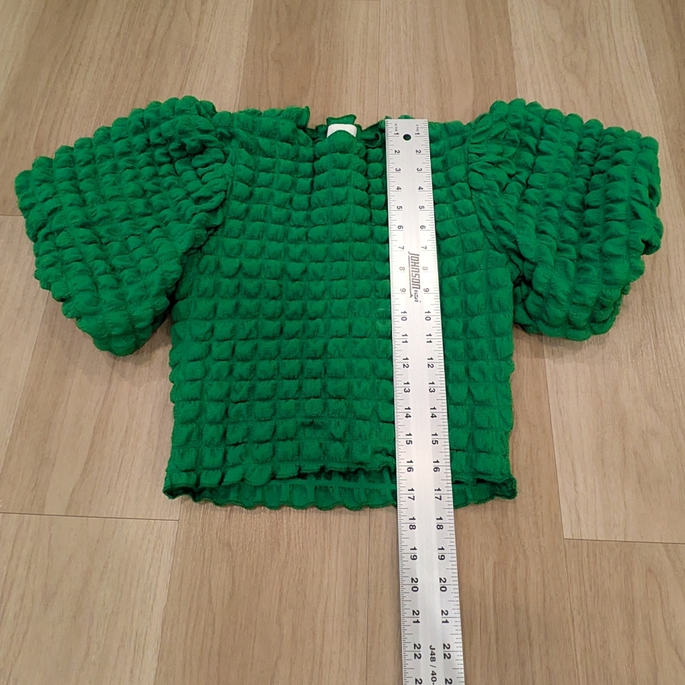 Anthropologie Eri + Ali Green Puff Sleeve And Puff Fabric Cropped Shirt Size XSP - Picture 3 of 7